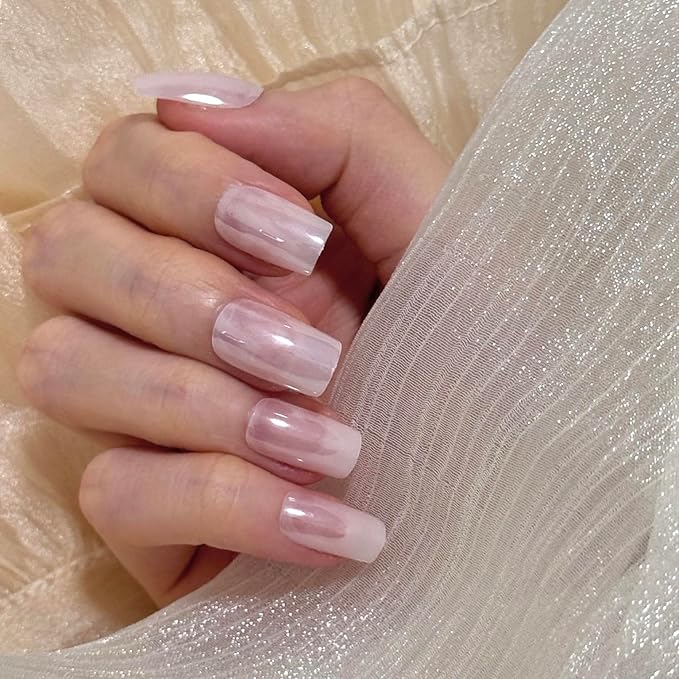 24PCS Sheer Pink Press On Nails - Pearlized Square Medium Length with Rose Quartz Chrome Finish, Glazed Fake Nails for Bridal & Vacation Wear (Blush Frost & Moonlight Sheer)