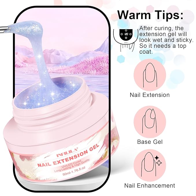 NXJ INFILILA Glitter Poly Nail Gel, Baby Blue Colors Poly Extension Gel Nail Enhancement, Thickening Glossy Builder Home DIY Salon Use for Girls UV/LED Nail Lamp Required P07