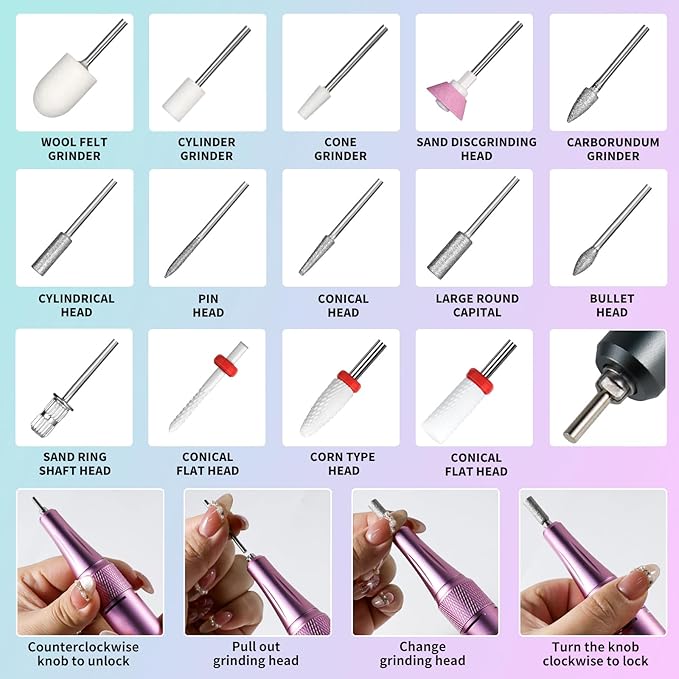 Professional Electric Nail Drill Kit 35000RPM with 14PCS Bits Purple Green Portable Rechargeable Cordless File Machine for Acrylic Gel Powder Nails and Manicure Pedicure Toenail Tool Salon Set