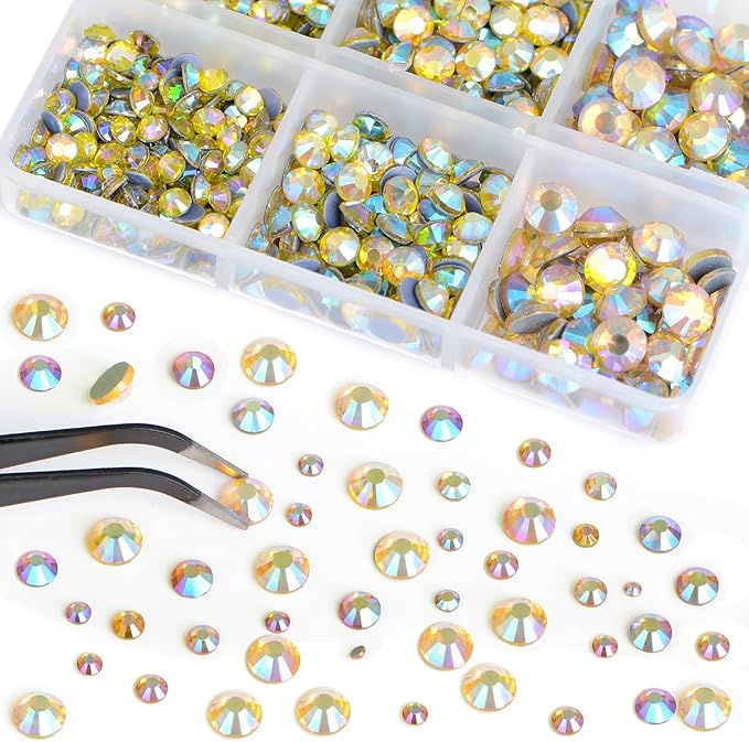 Bymitel Hotfix Crystal Rhinestones Round Gems for Crafts,Mixed 6 Sizes with Wax Pencil Kit, Citrine AB 1.6-6.3mm SS4-SS30/8000pcs