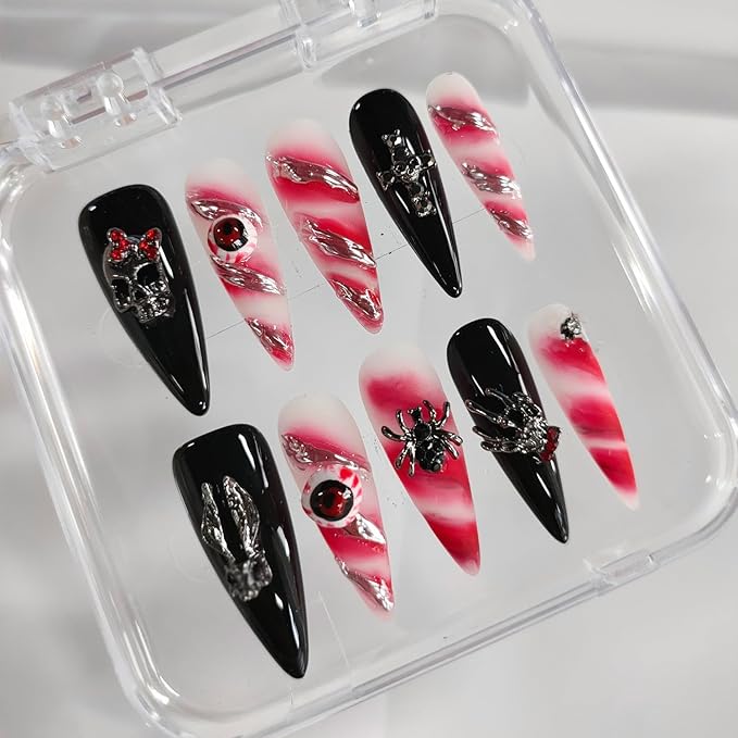 Halloween Handmade Press on Nails Long Almond 3D Nails Gothic Thick Acrylic Fake Nails Black&White False Nails with Eyeball Skull Spider Designs Sturdy Nail Art Press on Nails 10Pcs(S)