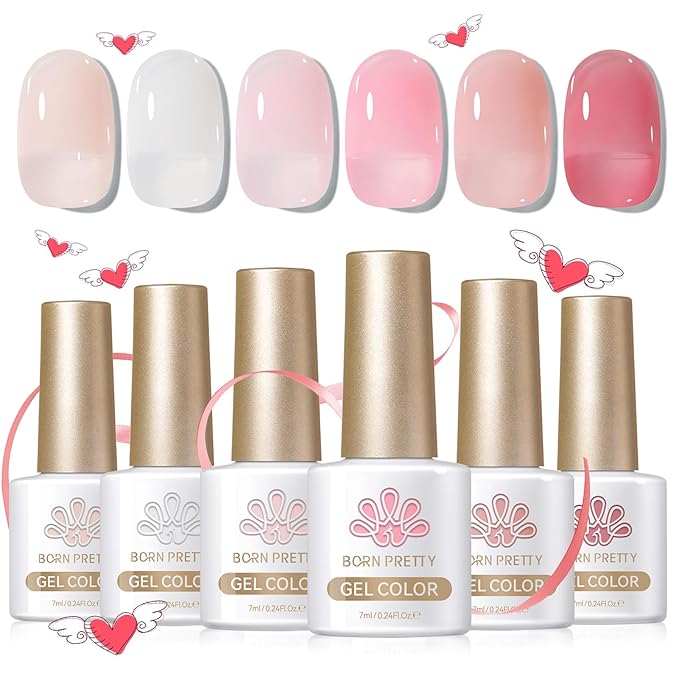 Born Pretty Milky White Jelly Nude Pink Gel Nail Polish Set,Valentine's Day Nude Pink Sheer Translucent Gel Polish Milky Natural Gel Polish Set Nail Art Manicure DIY Kit Home Salon 6PCS 7ML