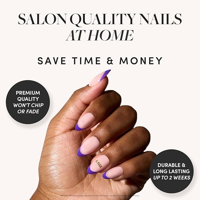 Glamnetic x Fanatics Press On Nails - LSU Tigers | Short Almond Fake Nails, Collegiate Tigers Purple French Tips, College Nails, Salon-Quality | 15 Sizes - 30 Nail Kit with Glue
