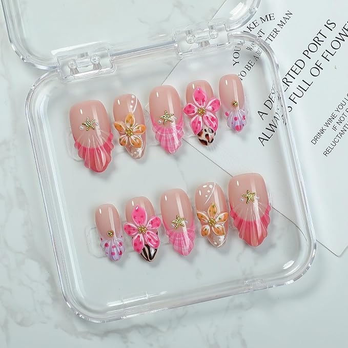 Handmade Press on Nails French Tip Acrylic Nails Medium Almond Fake Nails with 3D Flower & Starfish Designs Thickened Salon Quality Stick on Nails Muti-Layer Gel Acrylic Nails for Women（Size M)