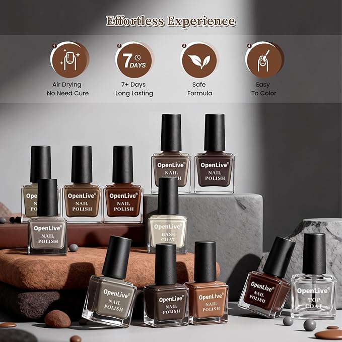 12Pcs Brown Nail Polish Set with Base and Top Coat Chocolate Brown Moche Fingernail Polish Quick Dry Regular Finger Nail Polish Pack for Women Gift Holiday 5ML