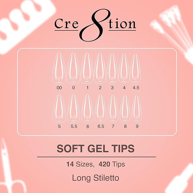 Cre8tion Soft Gel Nail Tips, Long Stiletto Shape, 602 Tips in 14 Sizes (00-9) for Professional Nail Extensions
