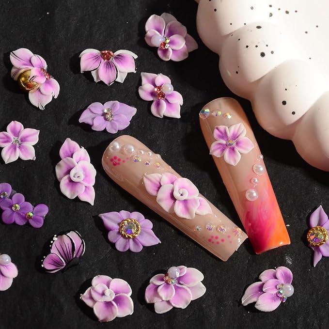 30PCS 3D Handmade Flower Nail Art Charms Advanced Handcrafted Cherry Blossom Flower Colorful Sculpted Floral Nails with Rhinestone Caviar Beads Design for Women Profession Nail Art Craft Jewelry