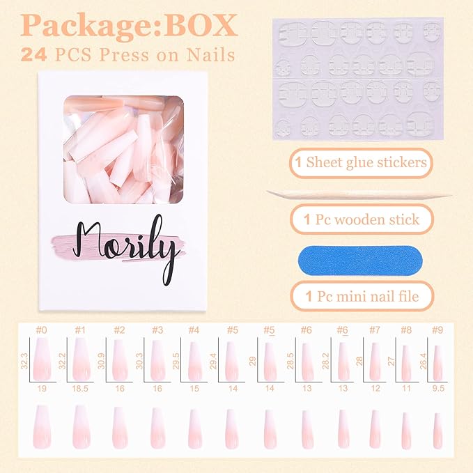 Morily 24pcs Fake Nails Nude White Ombre Ballerina Long Coffin Glossy Press on Nail False Tips Artificial Finger Manicure for Women
