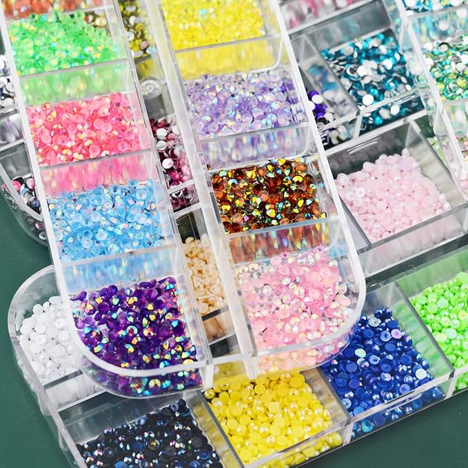 5 Boxes 13200pcs Sparkling Crystal Nail Rhinestones Pearls Kit, Flatback Multicolor Transparent Jelly AB Mermaid Gems with Pick Up Pen and Curved Tweezers for Manicure Salon & Craft DIY Designs (2mm)