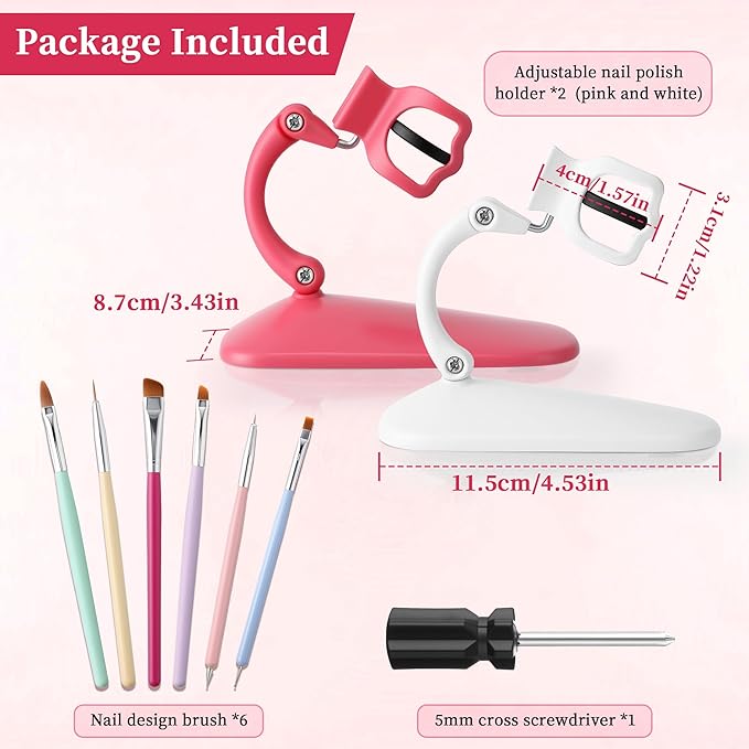 Enhon 2 Pack Nail Polish Holder Stand with 6 Nail Art Brushes, Tilted Fingernail Polish Bottle Holder, Adjustable Angle And Anti-Spill, Fingernail Art Accessories Tools Includes Cross Screwdriver