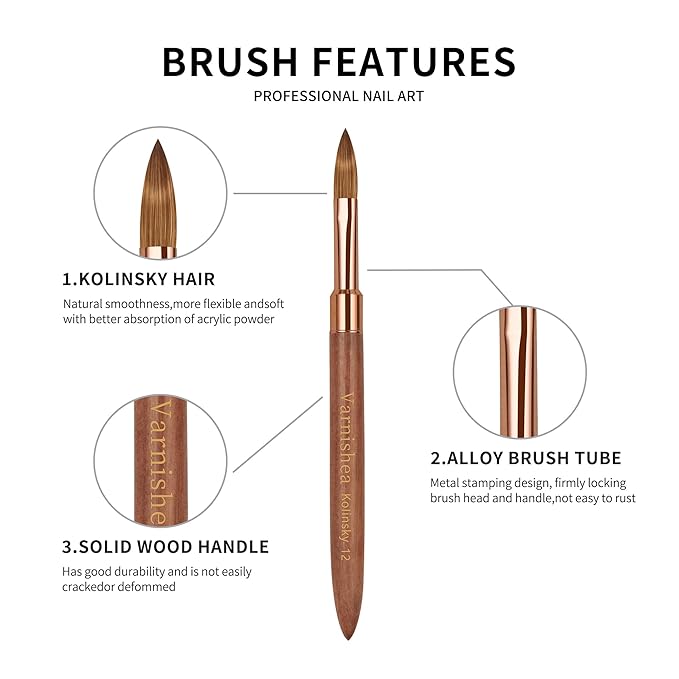 Pure Kolinsky Hair Acrylic Nail Brush Solid Wood Handle Professional Manicure Brushes for Powder Nail Acrylic Application - Salon & DIY Nail Art Essentials - Size 10, 1.0 Count