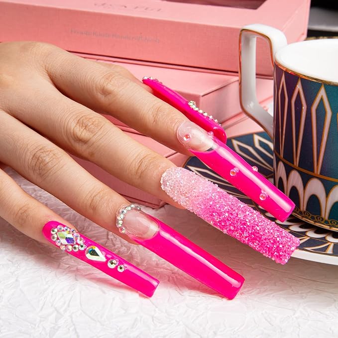 LOVFUL Press on Nails Pink Typhoon Square | Glitter Pink Fake Nails | Princess Nails | Stick on Nails | Square Long 2.2 in | H38(S)