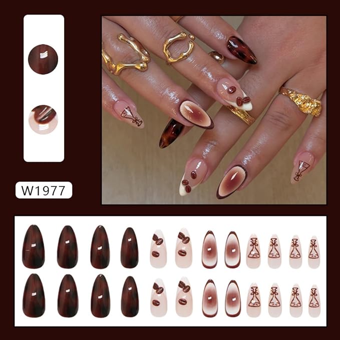 Medium Press on Nails Almond Fake Nails Brown False Nails French Tip Artificial Nails with Charm Designs Ombre Stick on Nails for Women 24pcs