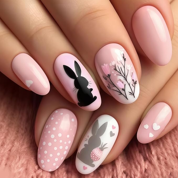 Pink Easter Press on Nails - Medium Oval Fake Nails with Cute Rabbit | Flower | Heart Designs False Nails Press ons Reusable Full Cover Stick on Nails Easter Nails for Women Manicure 24Pcs