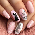 Pink Easter Press on Nails - Medium Oval Fake Nails with Cute Rabbit | Flower | Heart Designs False Nails Press ons Reusable Full Cover Stick on Nails Easter Nails for Women Manicure 24Pcs