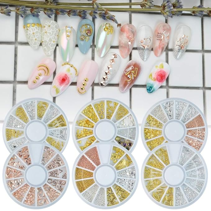 Nail Studs 3D Nail Charms Decals for Women,6 Box Metal Mixed Shaped Nails Art Rhinestones Jewelry Caviar Beads Decorations With Tweezers Supply Kit Gold Silver Rose Gold