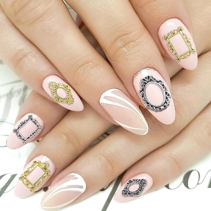 CHANZET 3D Metal Nail Charms 80pcs, Frame Gothic Nail Art Charms, Retro Gold Silver Nail Jewels Art Decoration for Women Girls Acrylic Nail DIY Craft Design Manicure Accessories