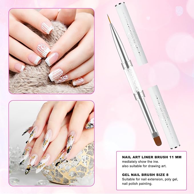 2Pcs Double Ended Nail Art Brushes Hard Gel Nail Brush French Tip Brush Hard Gel for Nails Salon Grade Rhinestone Handle Professional Nail Art Design Brushes(White, Black)
