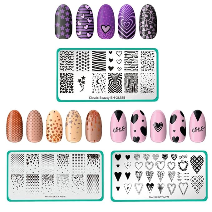 Maniology Hearts and Gradients Nail Stamping Plate Set, Classic Heart Star Gradient Manicures, Layered Nail Art Designs (Hearts + Stars (BM-XL355), Classic Gradients (M278), Bleeding Hearts (M272))