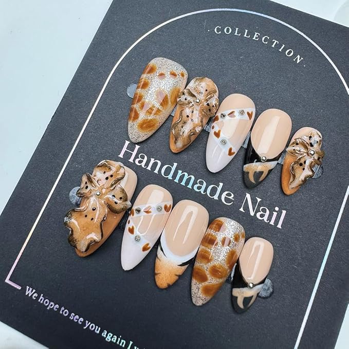 100% Handmade Press on Nails Medium Almond Handmade Nails with Rhinestone Flower Charm Design Brown False Nails Leopard Print Nail Press ons Reusable Acrylic Fake Nails for Women Size M 10Pcs