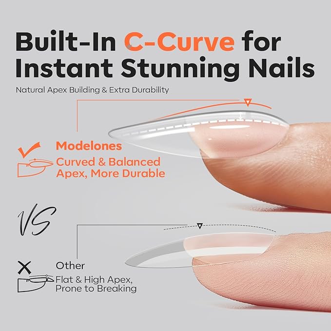 modelones Pro Luxe Instant Nail Apex Tips 15 Sizes, Medium Almond Extension Gel Tips Pre-building & Pre-etched Thicker Strength Acrylic Fake Nails Full Cover 240 Pcs