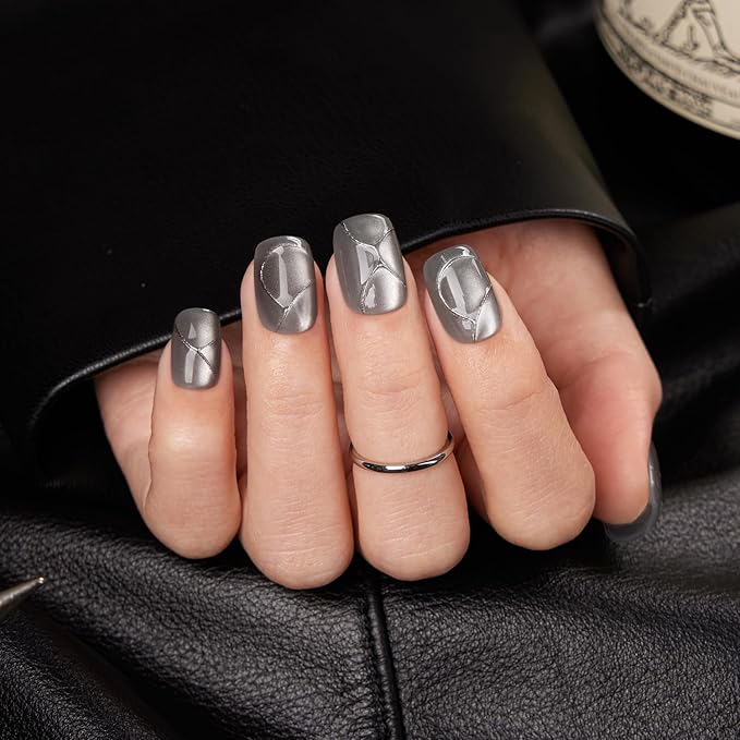 VSALON Press on Nails Short Square - Silver Gray Cat Eye Glossy Valentine 3D Art Design Glue on Nails, Reusable Opaque Gel Fake Nails Gifts for Women - 32 PCS in 16 Sizes with Glue & Cuticle Oil