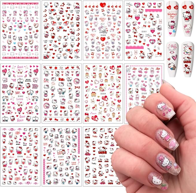 Valentines Nail Stickers Pink Cat Nail Art Stickers 3D Cat Self-Adhesive Nail Design Supply Heart Lover Romantic Cartoon Nail Decals for Women Girls DIY Manicure Decoration