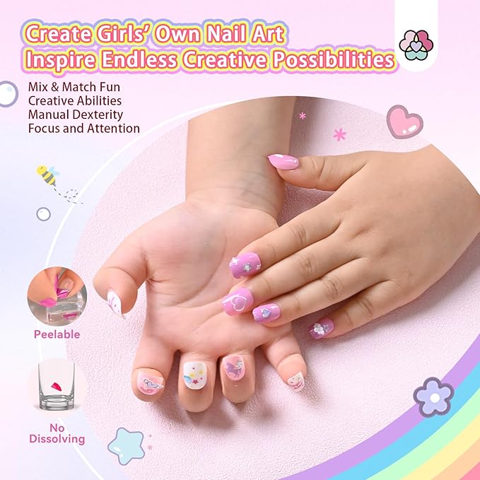 SAVILAND Creative Press on Nails for Kids: 6 Pack Children Fake Nails with 3D Stickers for 8-12 Years Girls Gifts Pre-Glue Full Cover Short Acrylic Nails Artificial False Nail Tips Nail Art Decoration