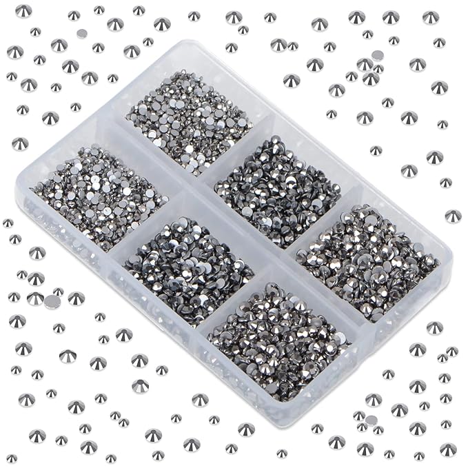 LPBeads 6000 Pieces Jet Hematite Non Hotfix Rhinestones 6 Sizes Round Crystal Glass Flat Back Rhinestones with Tweezers and Picking Pen for Nail Art Crafts Clothes Bags DIY
