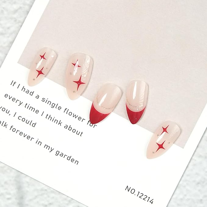 24 Pcs Press On Nails, Red Star & Red Tip Design, Almond Shape Fake Nails with Glue,Easy Application Manicure Set for Work, Party & Daily Use, Perfect for Women and Students
