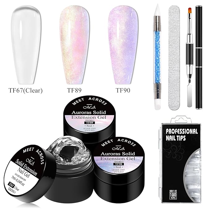 MEET ACROSS 7Pcs Aurora Solid Builder Nail Gel 5 IN 1 Solid Sculpture Builder Kit Clear Pink Purple Non-Stick Hand Nail Extension Gel Manicure DIY for Women