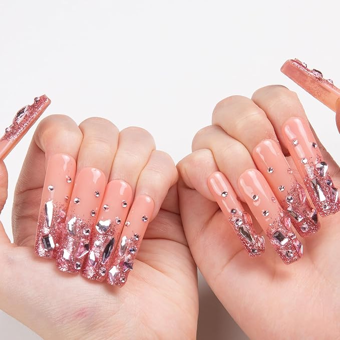 LOVFUL Press on Nails Pink Glitter| Handmade with Full Covered Crystals| Reusable Fake Nails| Square Mid length 1.7in| H60-L