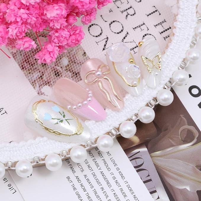 30Pcs Almond Press on Nails Medium French Tip Fake Nails with 3D Pearl Butterfly Rhinestone Designs Cute Glue on Nails Gold Chrome Bow Acrylic Nails Rose Flower False Nails Supplies for Women