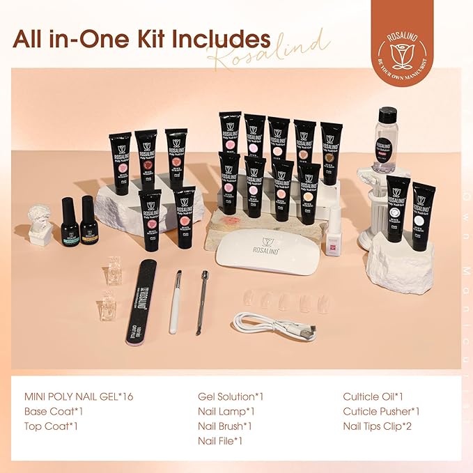 ROSALIND Poly Nail Gel Kit -16 Colors + White Brown Nail Art Accessories kit Clear Nude Poly Nails Gel Kit Starter Kit With Slip Solution Nude Pink Nail Extensions Gel Set with Mini UV Lamp