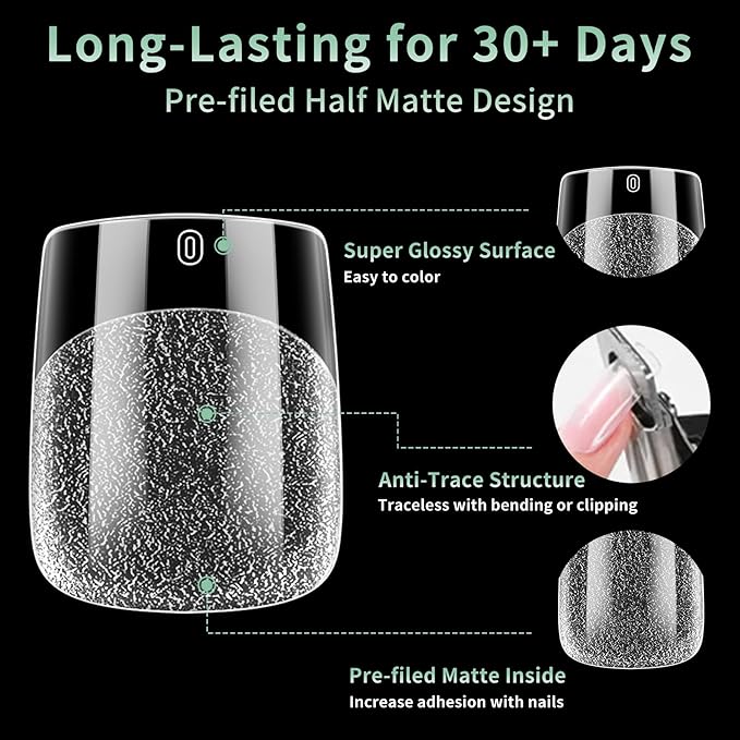 Extra Short Square Nail Tips, 216pcs Acrylic Fake Nails Soft Gel Nail Tips, Full Cover Pre-Shaped Matte Clear Press on Nails for Extension, Diy at Home Manicure 12 Sizes