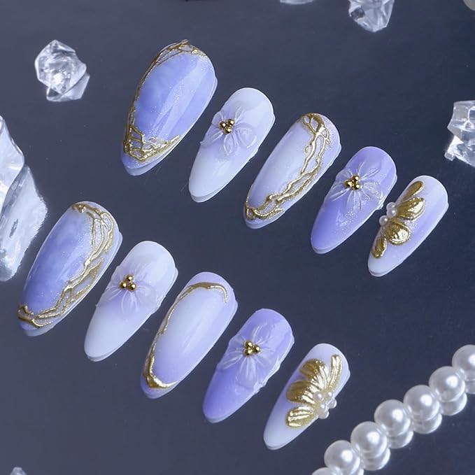 Press on Nails Almond Medium - Lavender Purple 3D Flower Fake Nails with Gold Designs, 24Pcs Glossy Glue on Nails for Women, 15-Min DIY Home Manicure Kit for Party & Events