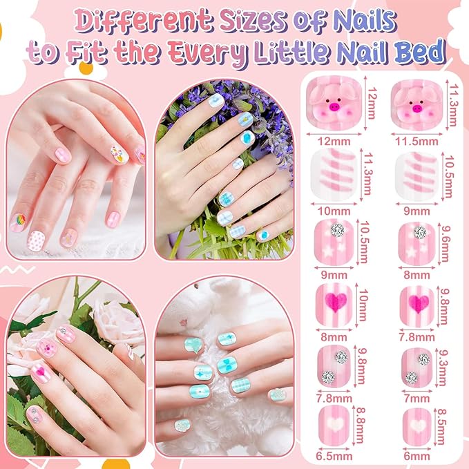 Extra Small Press on Nails for Little Girls, Thrilez Mini Fake Nails Kids Stick On Nail Tips Short Cute Acrylic Nails for Girls 7-10 Gifts