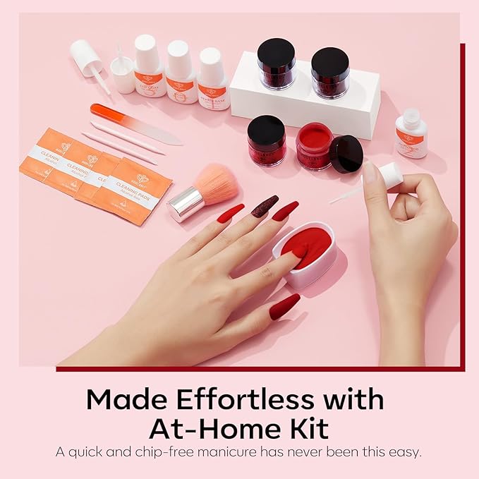 Modelones Dip Powder Nail Kit, 4 Colors Red Purple Glitter Dipping Starter Set with Liquid and Accessories for French Nails Art Salon DIY at Home Manicure
