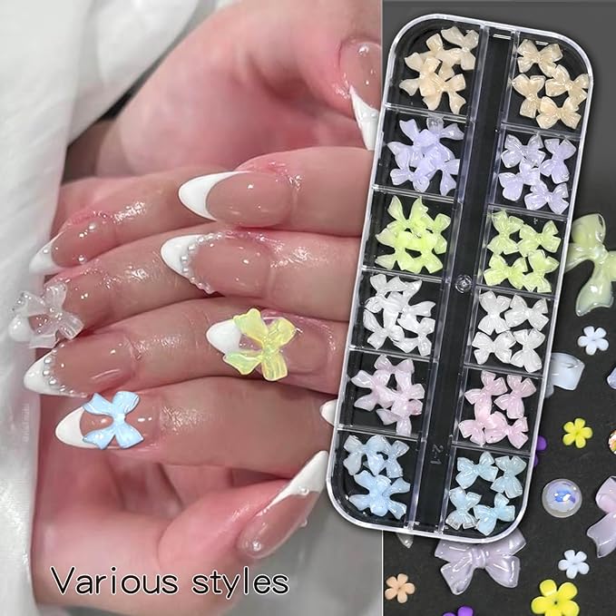 HNUIX Nail Charms - Nail Rhinestones Kit with 6 Boxes of Nail Gems, 3D Charms for Nails, Colorful Clear Flatback Gems, Pearls,Butterfly, Bow, Flowers, Caviar Beads, Multi Shape Crystals for Craft