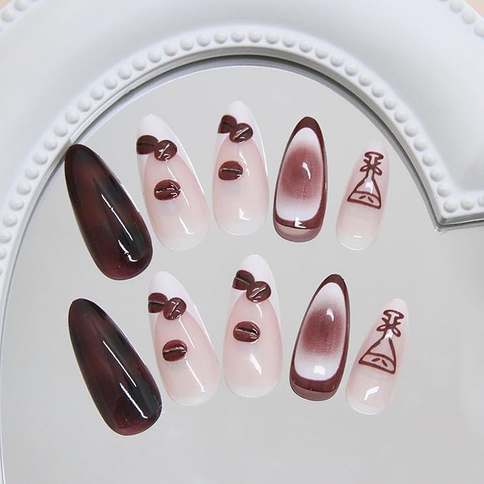 Medium Press on Nails Almond Fake Nails Brown False Nails French Tip Artificial Nails with Charm Designs Ombre Stick on Nails for Women 24pcs