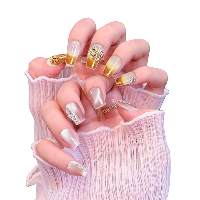 2 Packs Press On Nails Handmade Rhinestones Charms DIY Reusable Adhesive Tabs False Fake Nail, Set #01, Size M