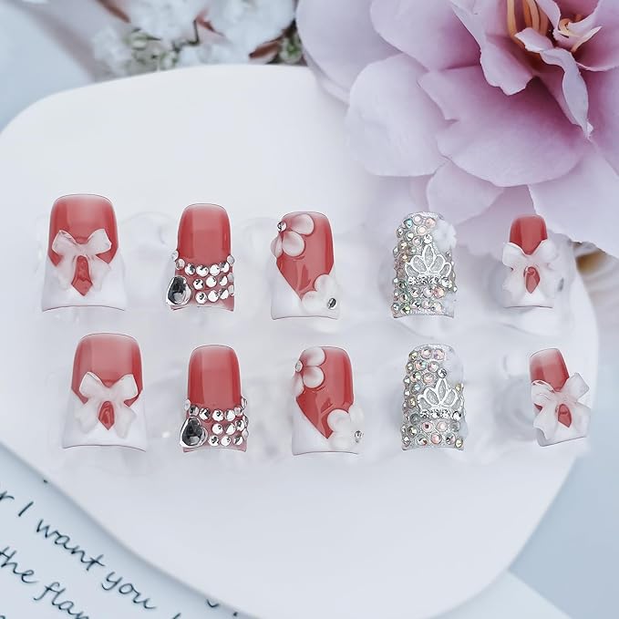 Handmade Press on Nails Short Duck 3D White French Tip with V Design 3D Bow Flower Rhinestones Charms Nude Base Elegant Sturdy Art Pink 10 Pcs False Nails Set (Soft Pink Ivory Bow,S)