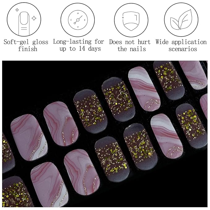 Pink Semi Cured Gel Nail Strips 20Pcs Gold Glitter UV Gel Nail Stickers with Design Glossy Marble Nails Polish Strips UV/LED Light Needed Self Adhesive Full Polish Nails Wraps for Women
