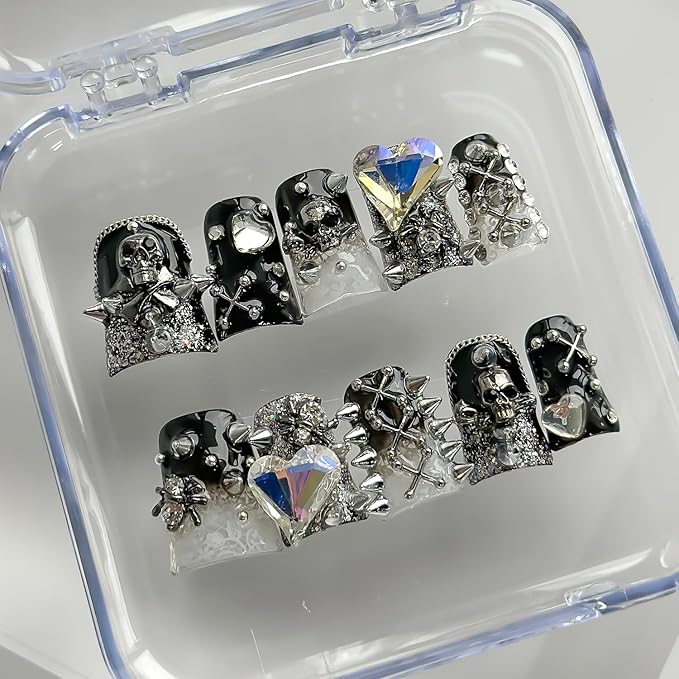 Halloween Luxury Press on Nails Short Duck Handmade 3D Unique Reusable ABS Material Fake Nails Black False Nails with Designs Rhinestones Spider Skull Glossy Glue on Nail Thick Acrylic Nail(M)
