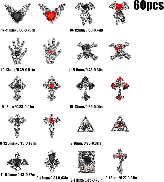 Halloween Nail Charms,60pcs Skeleton Skull Hand Cross Nail Gems with Rhinestones,Retro Gothic Metal Alloy Nail Art Jewelry Decoration for DIY Halloween Nail Design Crafts