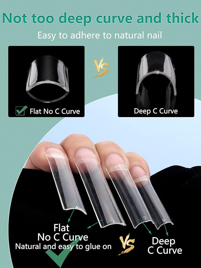 504 PCS No C Curve Clear Nail Tips for Acrylic Nails Professional, 3XL Extra Long, 12 Sizes Half Cover Straight Tapered Square French Fake Nail Tips for Nail Salons Home DIY