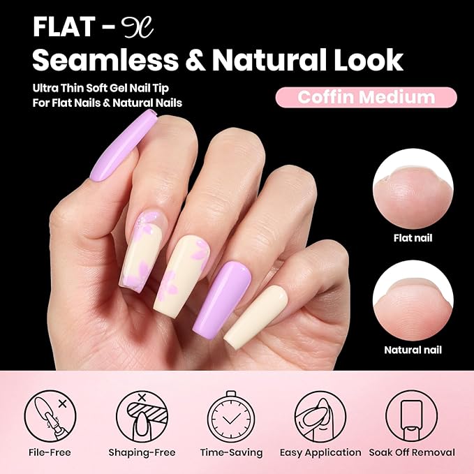 Beetles Gel Nail Kit Flat-X, Coffin Medium, 320pcs 16 Sizes Nail tips, with 15g Nail Glue Gel Hands-Free, 7.5ml Base Gel & Top Coat, Mini Lamp, for Acrylic Press On Nail, Extension DIY Set at Home