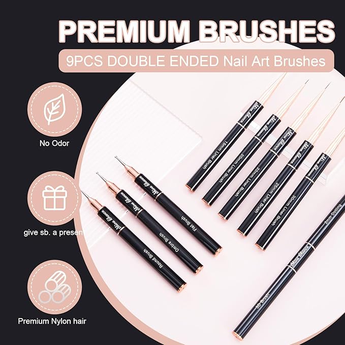 9Pcs Nail Art Brushes Set, Professional Double-Ended Acrylic Liner Detail Brushes for Gel Polish Art Nail, 3D Art Nail Dotting Brush Pen for Manicure DIY Home Salon, Black