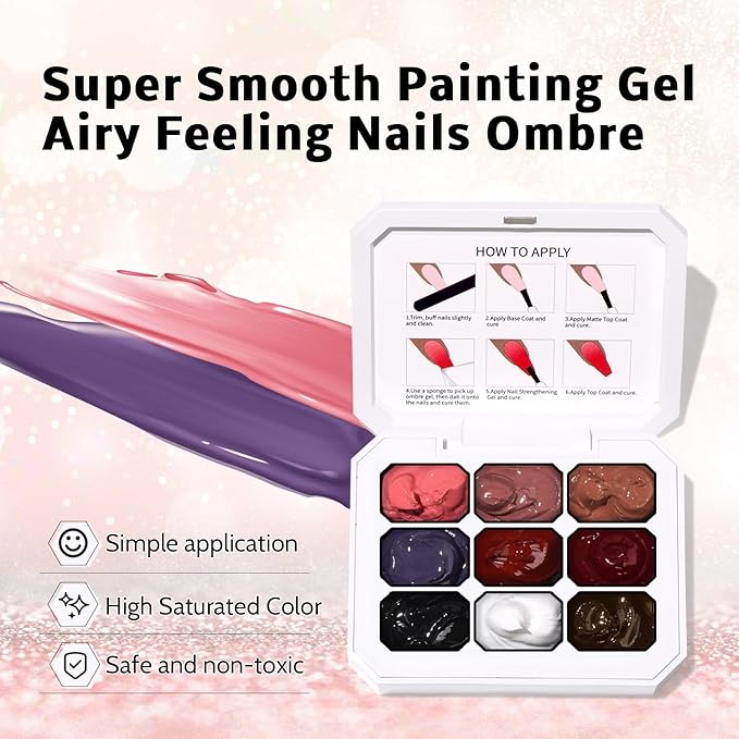 Sponges Pat Gel Nail Polish Palette, 9 Colors Blending Ombre Gel Polish Patting Gradient Painting Nails Art, No Wipe, UV/LED Cured, 100Sponges 6Brushes 1Grabber (Set 05)