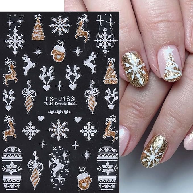 7 Sheets Christmas Nail Stickers Xmas Nail Design Decals - Snowflake,Bows,Candy Cane,Santa Tree Stickers with Pink,Red,Gold,Silver Glitter,Christmas DIY French Manicure Decor for Women Girls